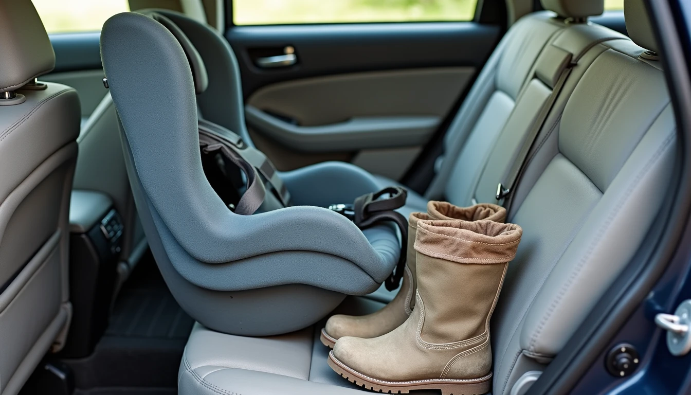 Baby car seat with diaper bag and dusty work boots on car floor