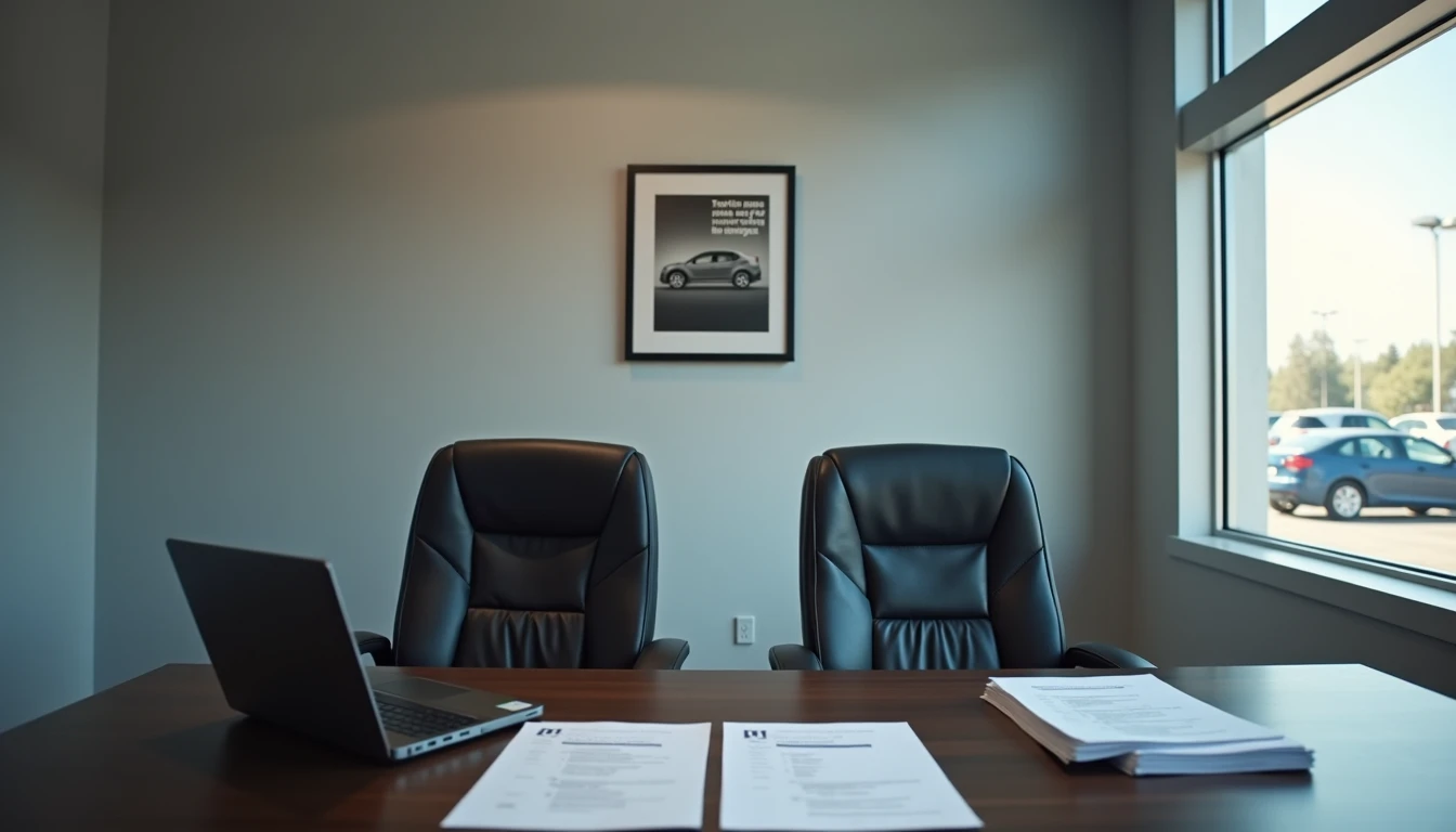 Empty finance office with two chairs facing a desk and warranty brochure