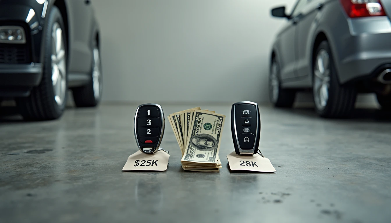  Two car keys with money fuel pump and tire between them