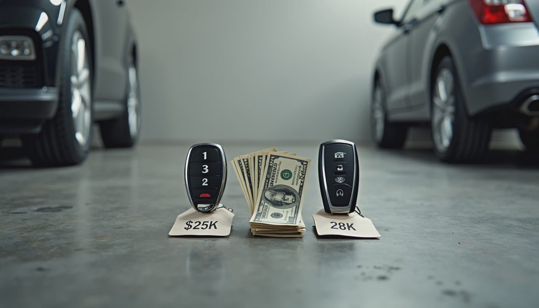 Purchase Price is a Liar Two car keys with money fuel pump and tire between them