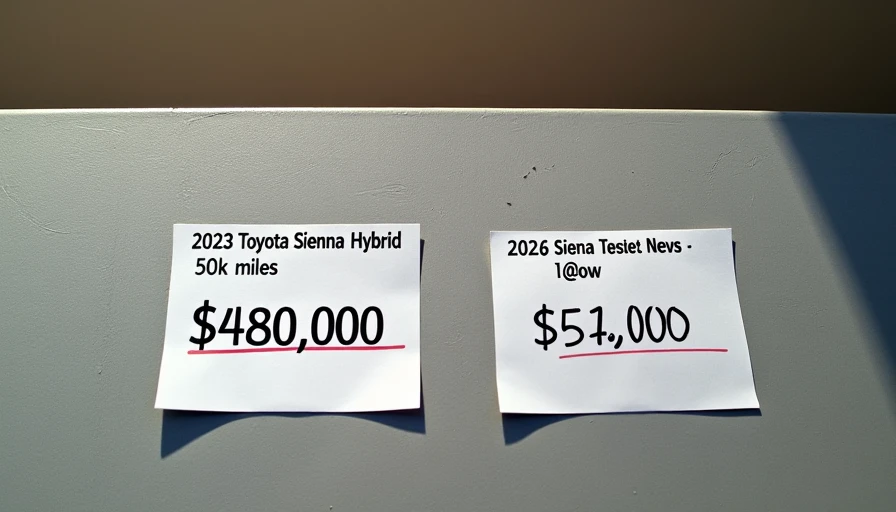 Two car window stickers showing 48000 for used Sienna and 52000 for new