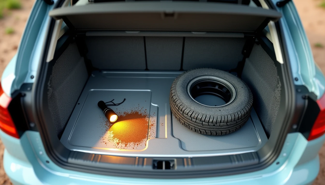 Car trunk spare tire well with rust and water line mark