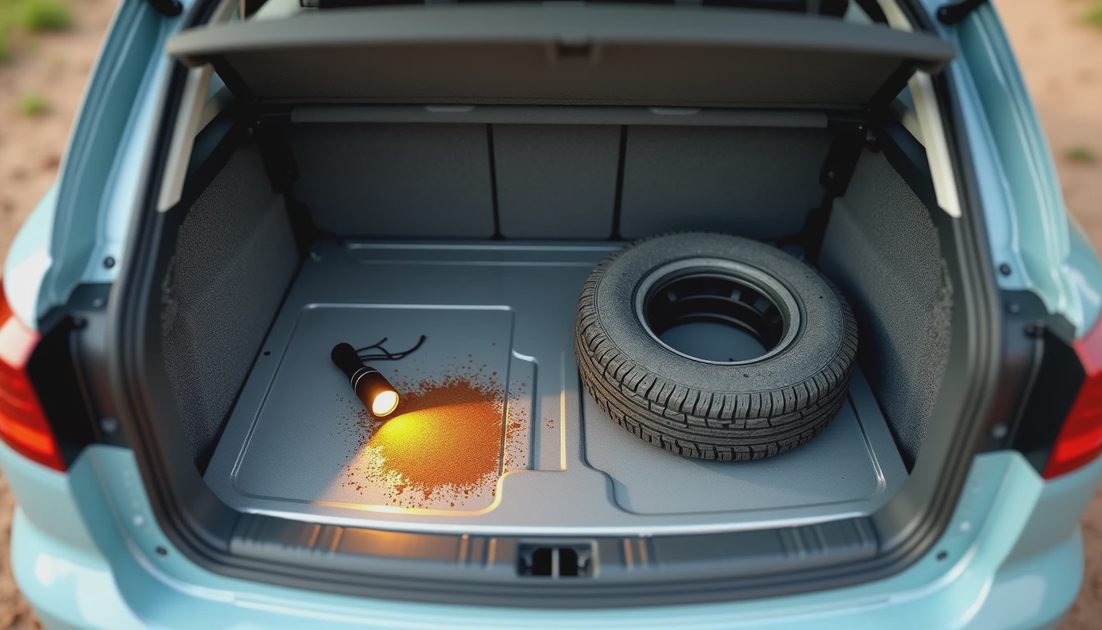 Flood Cars Leave Evidence in the Spare Tire Well Car trunk spare tire well with rust and water line mark
