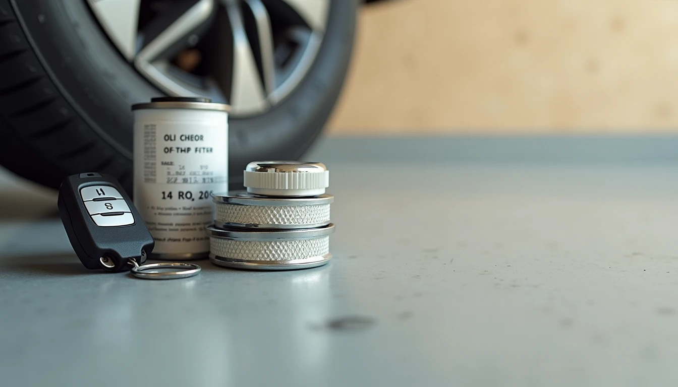 Honda key with oil filters tire gauge and fuel receipt