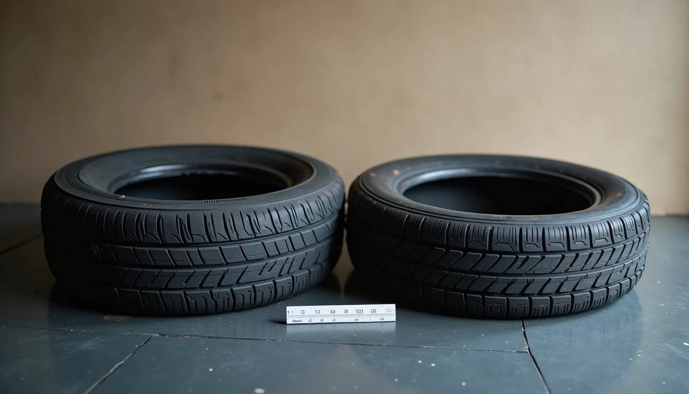 Two car tires with different tread patterns and brands side by side