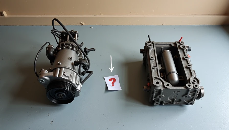 Car AC compressor next to engine block section with arrow pointing to compressor