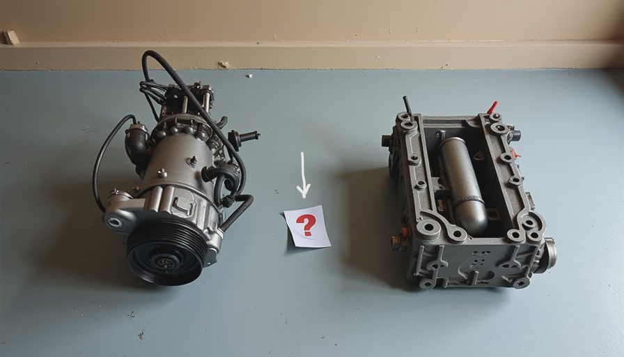 The AC Compressor Fails More Often Than the Engine Car AC compressor next to engine block section with arrow pointing to compressor