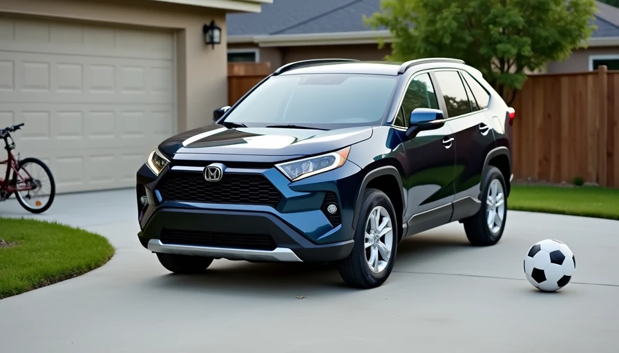 Dark blue compact SUV parked on driveway with soccer ball and child's bike nearby