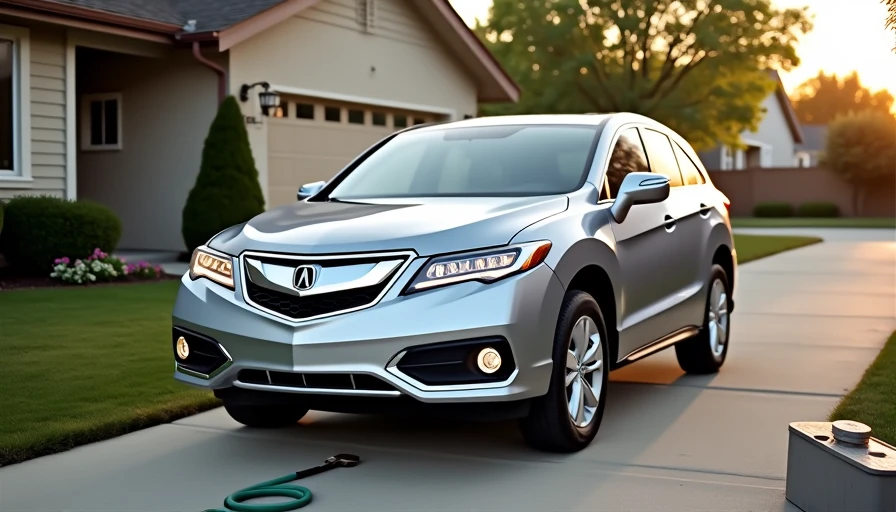 Silver Acura RDX parked on driveway with garden hose and tool box nearby