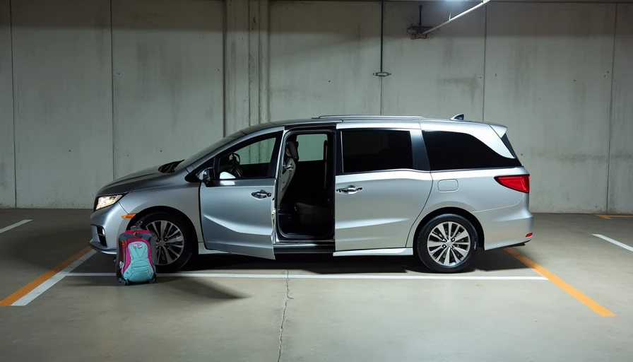Silver minivan parked with sliding door fully open next to child's backpack