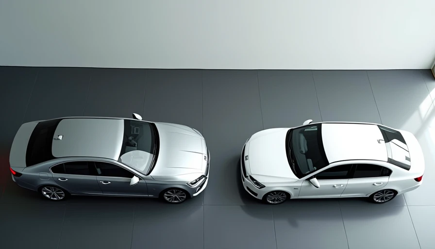 Shiny luxury sedan next to plain economy car on dealership floor