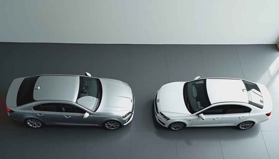The Pretty Car vs. The Smart Car Shiny luxury sedan next to plain economy car on dealership floor