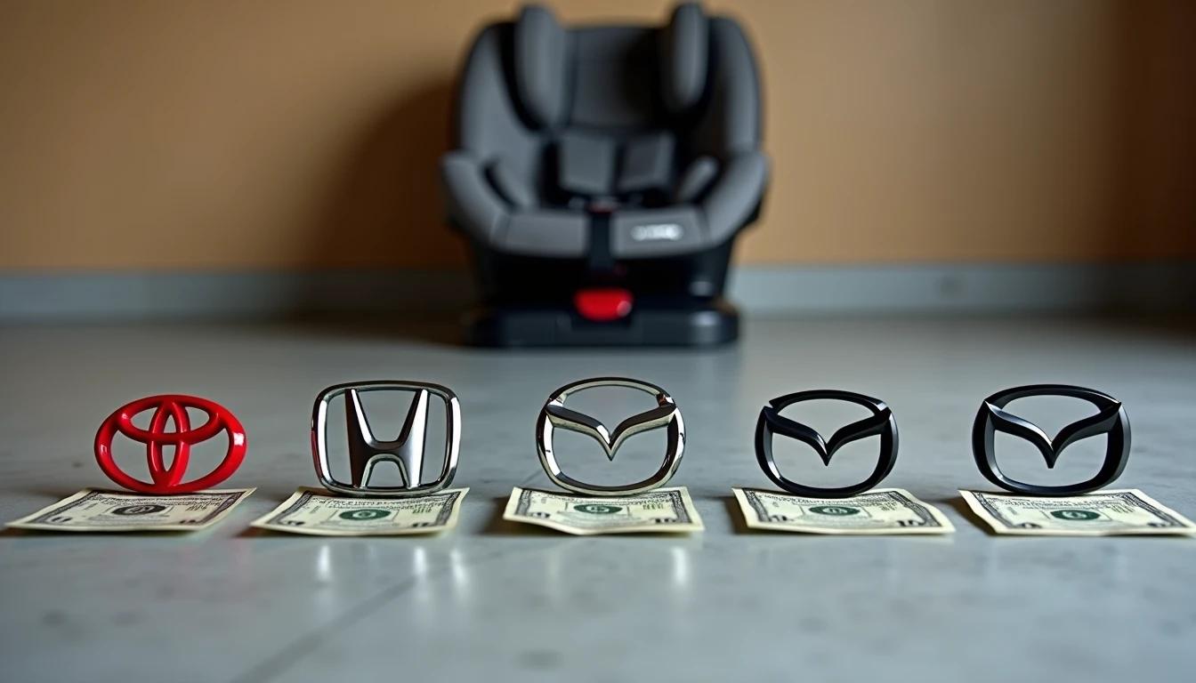 Five car badges Toyota Honda Mazda with child seat and dollar bills
