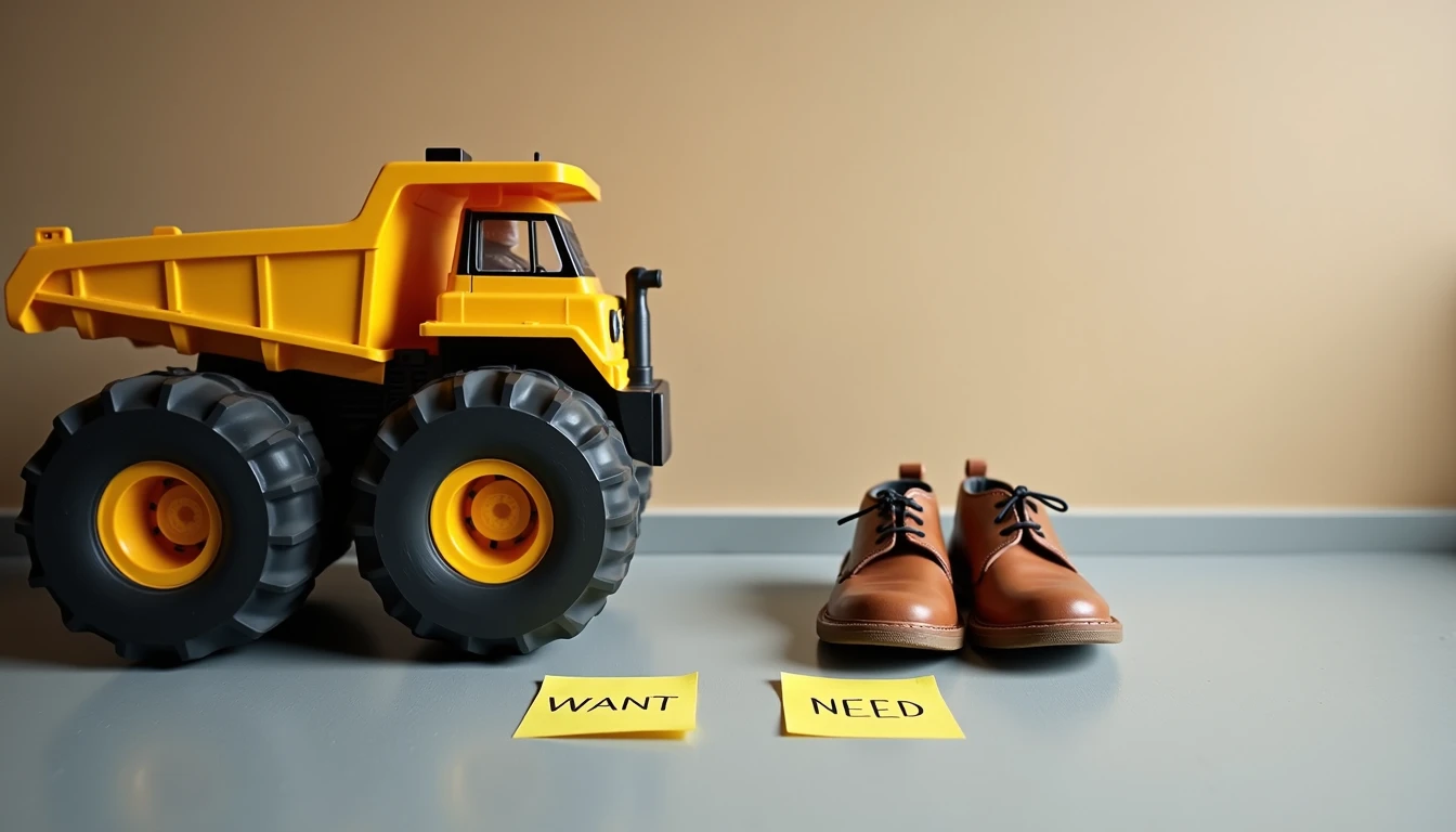 Remote control truck with big tires next to plain brown children's shoes