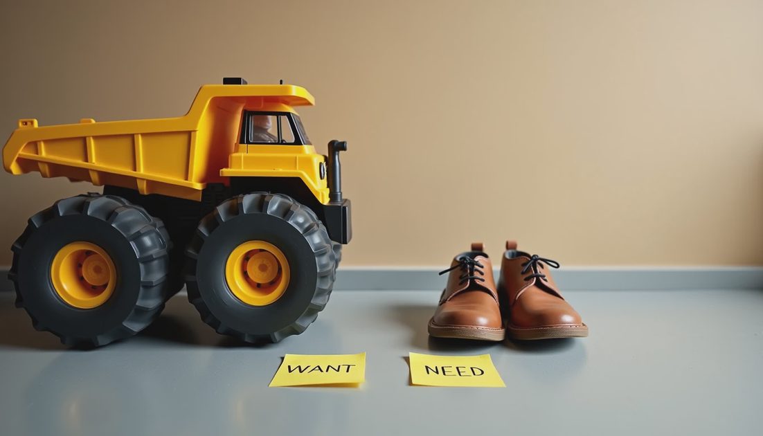 Need Versus Want the Car Edition Remote control truck with big tires next to plain brown children's shoes